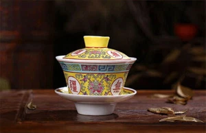 Antique Porcelain Gaiwan Mun Shou Longevity Flower Tureen Chinese Cup Bowl Lid - Picture 1 of 29