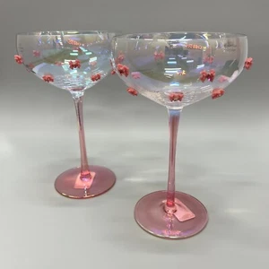 New PINK BOW w/Gem Heart COUPE GLASSES Martini Margarita Rare Viral SET OF 2 - Picture 1 of 5