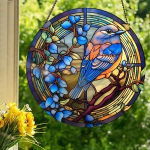 Bluebird Stained Glass Style Wall or Window Hanging Decor - Picture 1 of 9