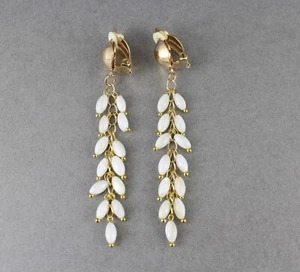 Gold White faux pearl beaded Clip On chandelier earrings clips 3 1/8" long - Picture 1 of 9