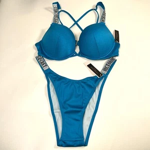 Victoria Secret 34B M Bombshell Push Up Bikini Top Bottom Set Shine Strap Teal - Picture 1 of 13
