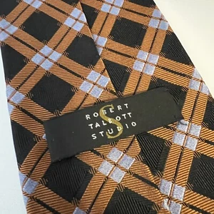 Vtg ROBERT TALBOTT STUDIO Men's Executive 100% Silk Neck Tie Black Orange Plaid - Picture 1 of 2