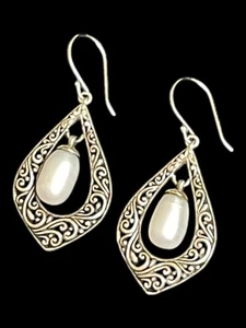 Sterling Silver Pearl Earrings Articulated Freshwater Filigree Teardrop - Picture 1 of 7