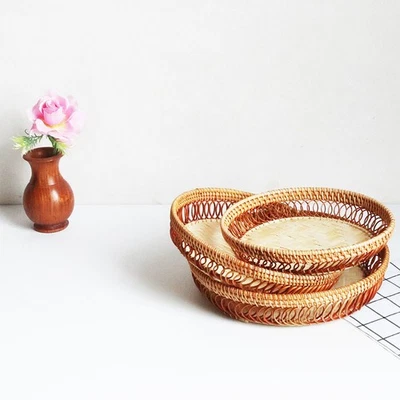 1 stück Rattan gewebt Rundkorb Home Obstkorb Party Dekorative Korb Khaki - Bild 1 von 4
