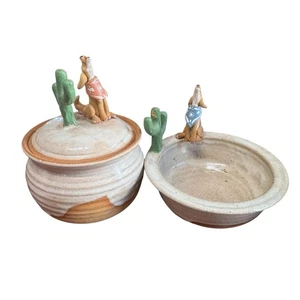 Studio Art Pottery Bowl Lidded Pot Coyote Cactus Artist Signed Candy Stoneware - Picture 1 of 24