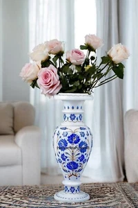 12" Italin White Marble Flower Vase Lapis Lazuli Stone Floral Marquetry Home Dec - Picture 1 of 10