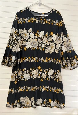 Old Navy Dress Women's XL Gray Floral Bell Sleeve Scoop Neck Cottagecore Shift - Image 1 of 4