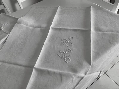 Linge Ancien 1 Sur Nappe De Mariage Damassé Soie Bouquet Épi Blé Monogramme M R - Photo 1/4
