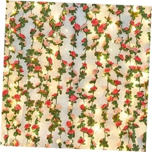 2Pcs 16.4Ft Flower Garland Artificial Rose Vines with 2 Pcs Pink With Lights - Picture 1 of 7