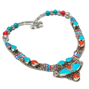 Collar Boho Nepalí Turquesa, Coral Piedras Preciosas Joyería Plata de Ley 925 - Imagen 1 de 6