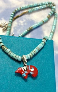 NAVAJO Sterling Silver SPIRIT BEAR SunFace Coral 925 Pendant Turquoise Necklace - Picture 1 of 3