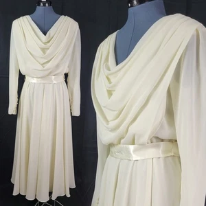 Vintage Ursula Ivory Blouson Dress w Draped Front & Lace Up Back Size 12 - Picture 1 of 22