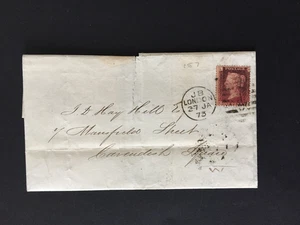 GB 1873 PENNY RED PLATE 157 ON WRAPPER TO CAVENDISH SQUARE - Picture 1 of 2