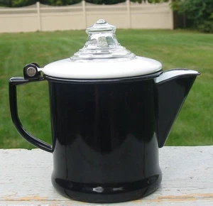 Vintage Enamelware Coffee Percolator Pot White/Black w/Basket 2 Cup Camping - Picture 1 of 9