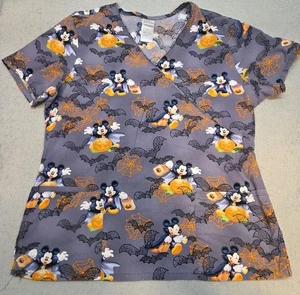 Disney Mickey Mouse Scrub Top Medium gray Halloween Vampire pumpkins bats pocket - Picture 1 of 4