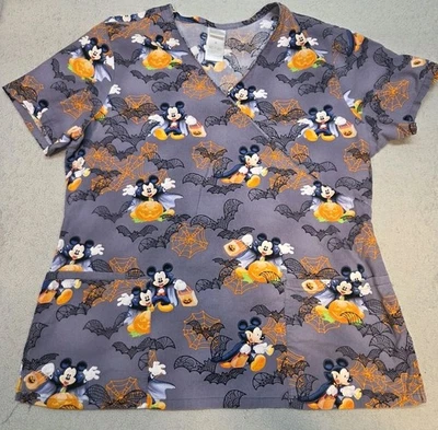 Disney Mickey Mouse Scrub Top Medium gray Halloween Vampire pumpkins bats pocket - Image 1 of 4