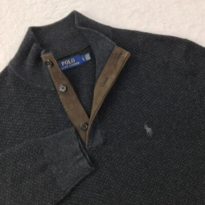 Ralph Lauren Sweater Mens Large Merino Wool Wool Herringbone Henley Mock Neck - Picture 1 of 12
