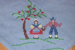 Vtg Blue 34" square tablecloth topper w/ Dutch couple cross stitch embroidery - Picture 1 of 5