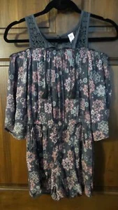 NWT ~ JUSTICE Gray pink floral romper Shorts Cold-shoulder Fringe tie  Girls 12 - Picture 1 of 4