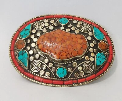 Unisex Tibetano Plata Cinturón Hebilla Cintura Trampa Turquesa Coral Cierre, K8 Foto 1 de 2