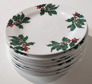Hallmark Poinsettia Salad Plates Set EIGHT 7-1/2" Poinsettia Floral Green Holly - Picture 1 of 6