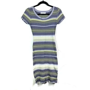 Summer & Sage Womens Sweater Dress Yellow Gray Stripe Ribbed Knit Short Sleeve S - Picture 1 of 6