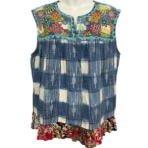 John Mark Womens Embroidered 100% Linen Colorful Ruffle Hem Plaid Shirt Top XL - Picture 1 of 17