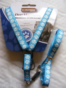 Harness and Lead Set Dog Cat Puppy Rabbit Adjustable Paw Print Small Medium BLue - Picture 1 of 8