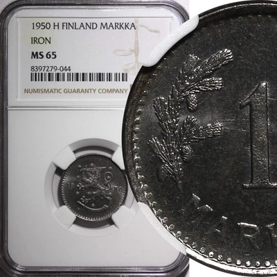 Finland Iron 1950 H 1 Markka NGC MS65 TOP GRADED BY NGC KM# 30b (044) - Image 1 of 4