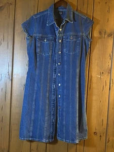 VTG 90s Y2K Chesley Dark Wash Denim Button Down Dress Star Stitching Cap Sleeve - Picture 1 of 7