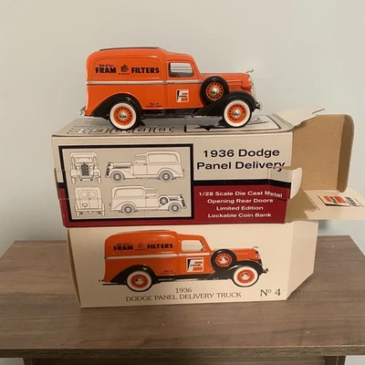Liberty Classics Fram Orange 1936 Dodge Panel Truck Bank With Key Die Cast *New* - Image 1 of 4