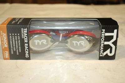 NEW TYR Tracer Racing Mirrored Junior FINA Goggles Red Navy - Image 1 of 4