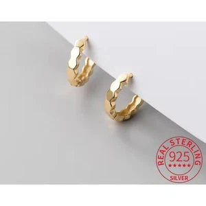 925 Sterling Silver Gold Hoop Earrings, Small Geometric Huggie Earrings - Picture 1 of 5