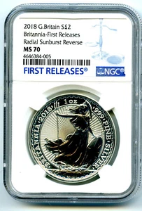 2018 GREAT BRITAIN 1OZ SILVER NGC MS70 BRITANNIA BLUE LABEL FIRST RELEASES - Picture 1 of 2