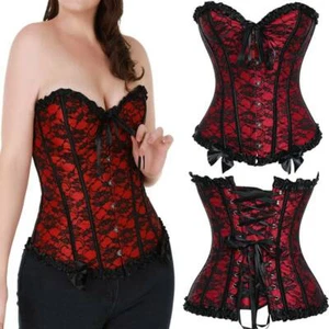 Women Bustier Corset Overbust Lace Up Boned Top Burlesque Lingerie Waist Cincher - Picture 1 of 35