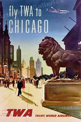 Póster de viaje aéreo estilo vintage TWA See Chicago Lion años 60 - 16x24 Foto 1 de 3