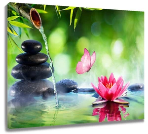 Arte de pared abstracto zen con hoja de bambú verde lirio de agua rosa para baño sala de estar - Imagen 1 de 15