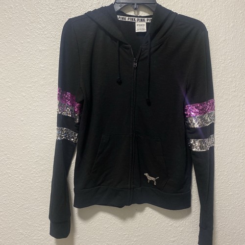 UNDERCOVER Victorias Secret giacca piccole paillettes nere con cerniera completa con cappuccio ROSA VS y2k tt