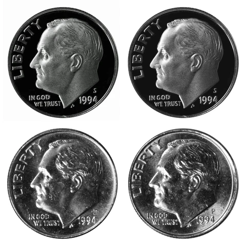 1994 P D S S Roosevelt Dime 10c Year set Proof & BU 4 Coin Set w/ Silver Dime Cover