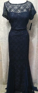 New BLU SAGE Size 18 Formal Gown Short Sleeve Sequin Lace Godet Hem Navy Blue  - Picture 1 of 8