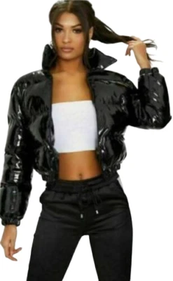 Women's Ladies Black Vinyl Thick Quilted Puffer Padded Jacket Wet Look 6-14  - Image 1 of 3