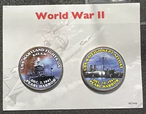 WWII PEARL HARBOR - 2 DIFFERENT COLORIZED KENNEDY HALF DOLLARS MO448 - Picture 1 of 4