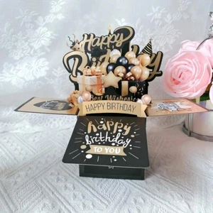 3D Pop-Up Happy Birthday Card - Elegant Black & Gold with Balloons, Gifts - x 2 - Picture 1 of 12