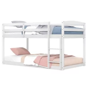 Twin Size Modern Solid Wood Bunk Bed Frame w/ High Guardrail & Integrated Ladder - Picture 1 of 10