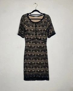 Reiss Black Beige Lace Bodycon Fitted Short Sleeve Knee Length Dress UK 12 - Picture 1 of 8