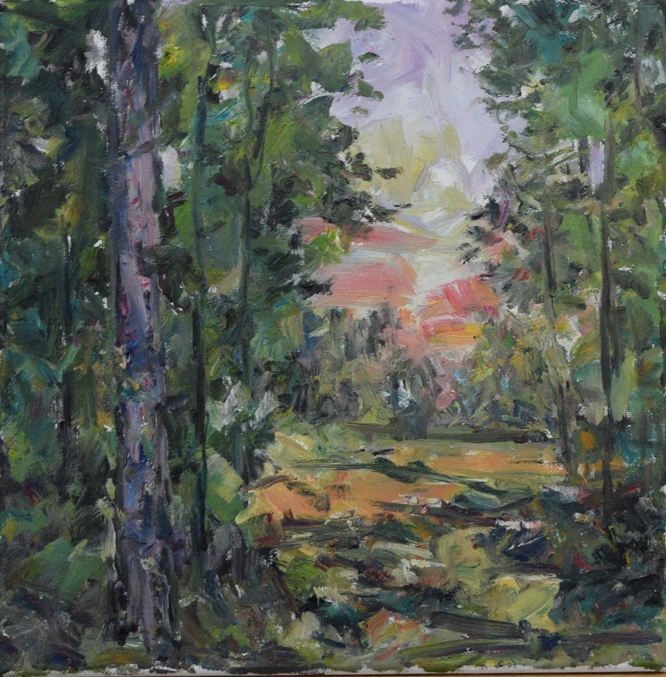 Art Original Oil Painting RM Mortensen "Sunset In The Forest" Landscape 12"x 12" - Image 1 of 1