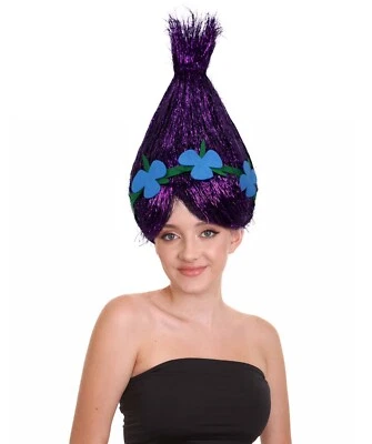 Peluca troll oropel rojo con flor HPO personaje de película animada para adultos Foto 1 de 4