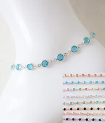 Tornozeleira de cristal gema pulseira de tornozelo colorida brilhante prata ouro festival boho 11" - Imagem 1 de 4