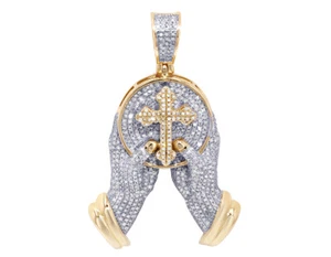 Men's Praying Hands Medallion Diamond Cross Pendant 1CT 10K Yellow/White Gol... - Picture 1 of 4