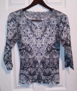 Jane Ashley Women's Henley Top Size S Gray Geometric Long Sleeve, Body Con, EUC - Picture 1 of 14